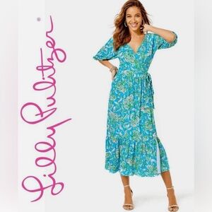 Lilly Pulitzer Turquoise Blue & Green Floral Midi Wrap Dress